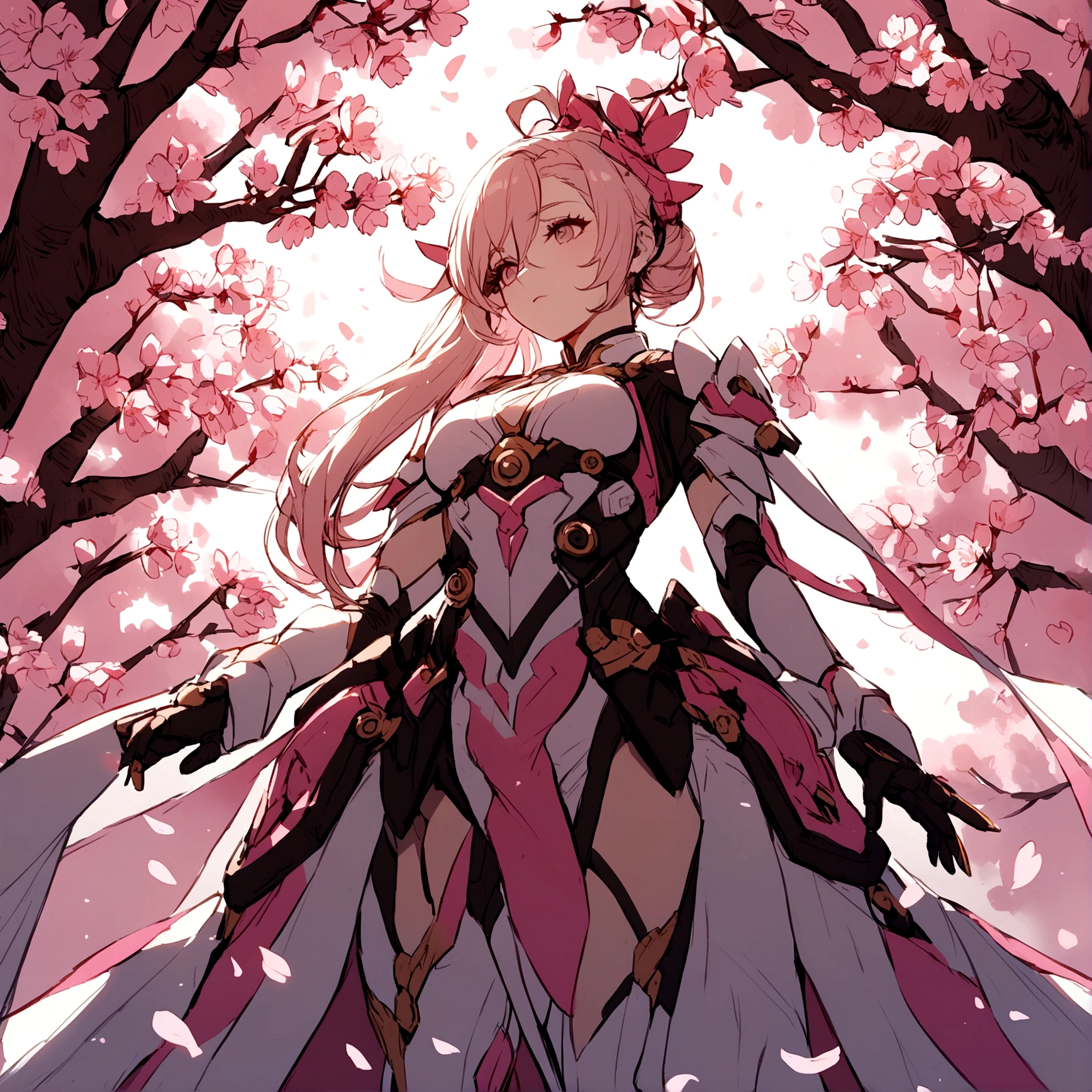 Pink mercy with long hair from overwatch surrounded by cherry blossoms in flight