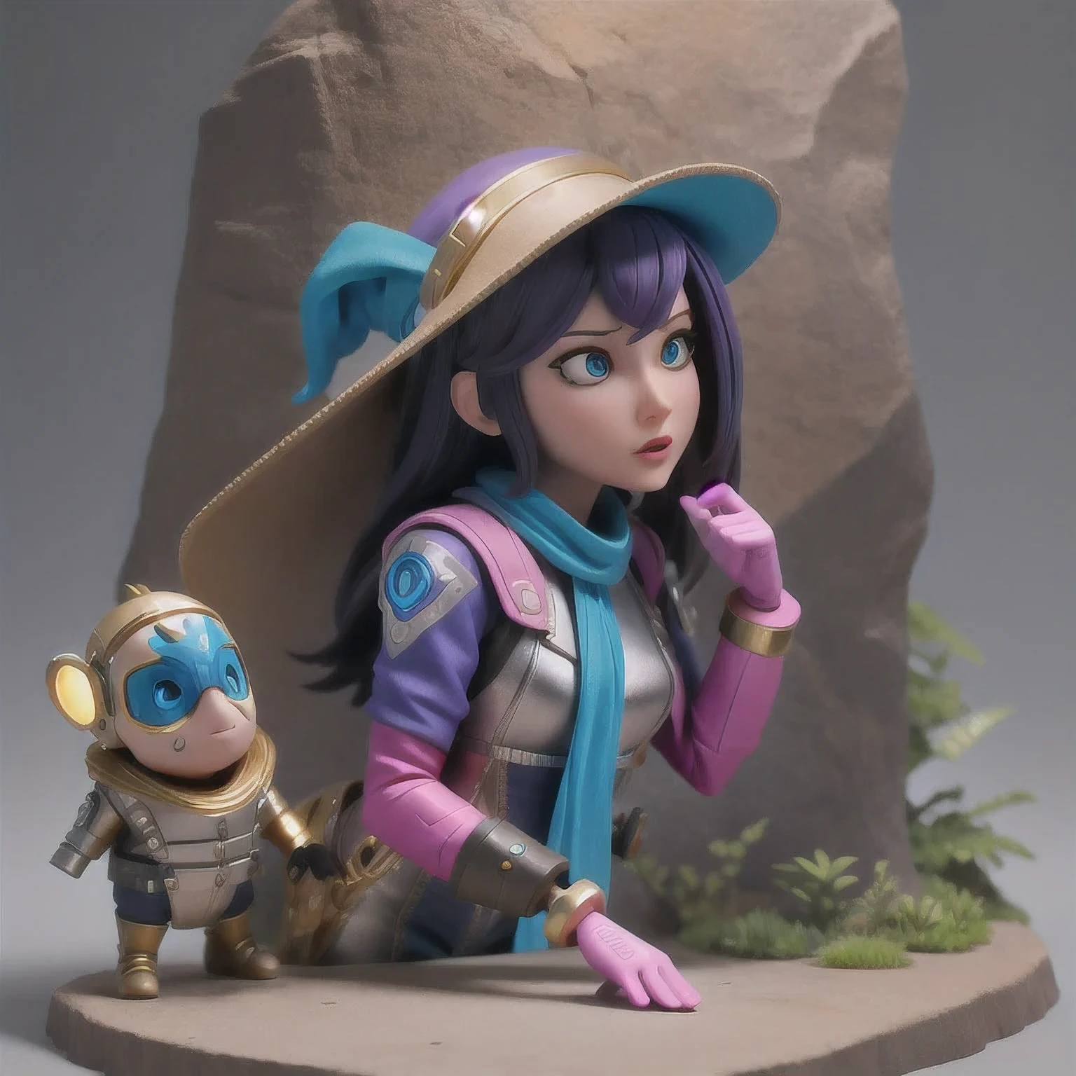 there is a small toy of a woman with a sword in a cave, cute 3 d render, stylized 3d render, 4 k octan render, 8k high quality detailed art, 3 d render stylized, for hire 3d artist, fantasy beekeeper, anime styled 3d, high res render, 3 d clay render, 3d clay render,a close up of a statue of a woman with a blue cape and a pink hat, rendered in sfm, from overwatch, artstation masterpiece, echo from overwatch, cinematic bust shot, overwatch fanart, overwatch inspired, 3 d render character art 8 k, d. va from overwatch, 8k render”, wlop : : 6 octane render : : 3