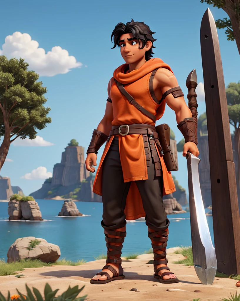 Man with black hair, brown eyes and fair skin, wearing orange barbarian tunic and black trousers, gauntlets and sandals, weilding axe, fullbody, medieval background, muscular