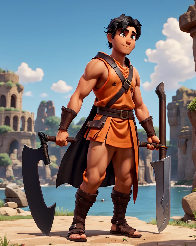 Man with black hair, brown eyes and fair skin, wearing orange barbarian tunic and black trousers, gauntlets and sandals, weilding axe, fullbody, medieval background, muscular
