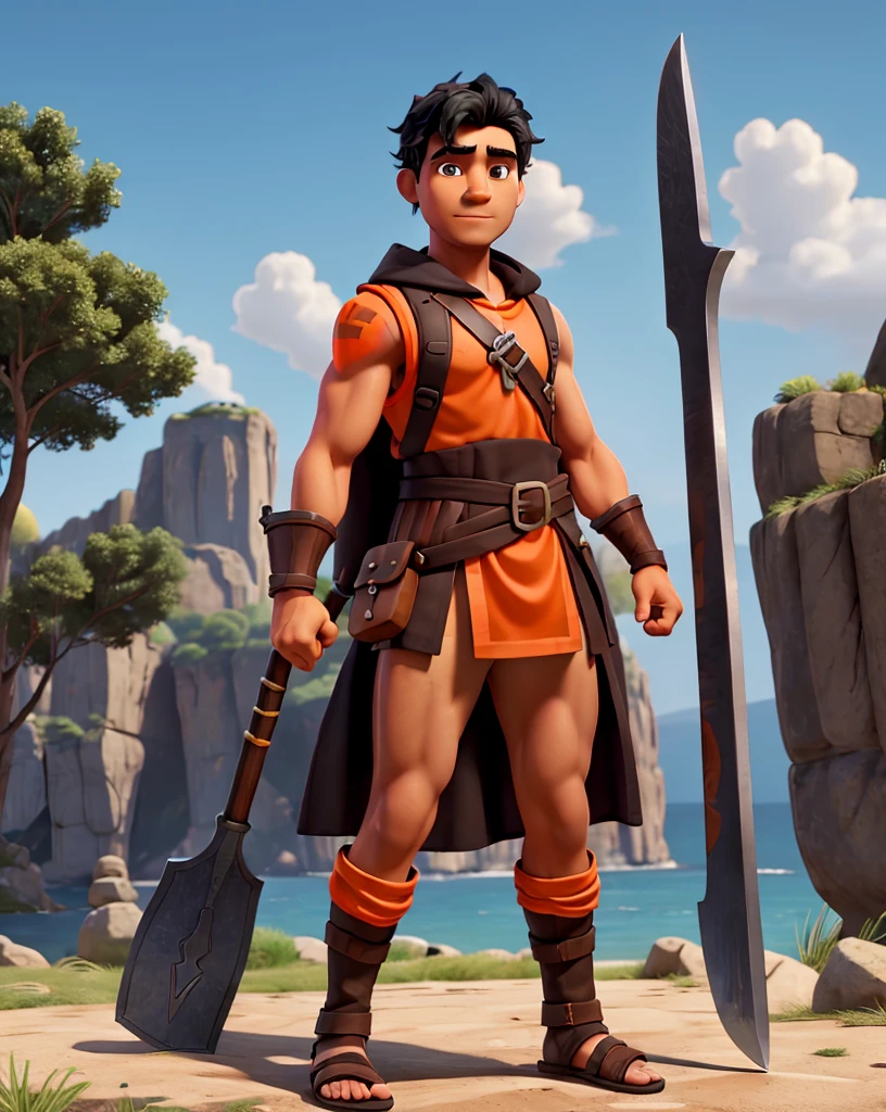 Man with black hair, brown eyes and fair skin, wearing orange barbarian tunic and black trousers, gauntlets and sandals, weilding axe, fullbody, medieval background, muscular