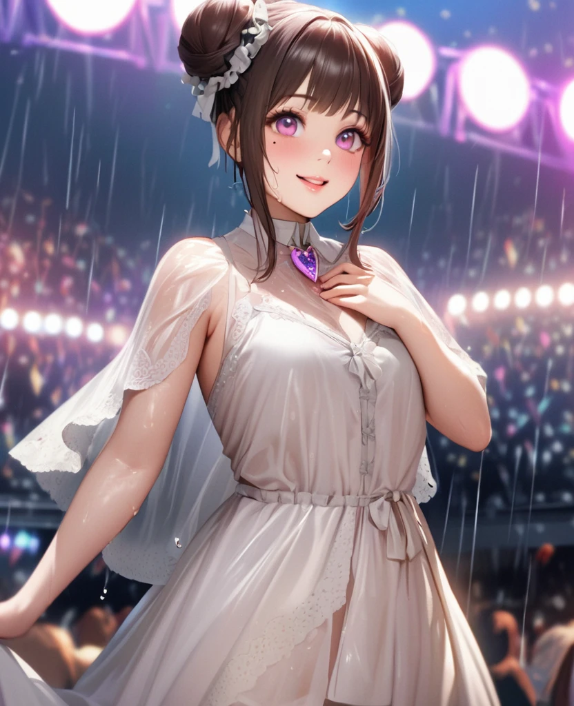 One Girl、Looking at the audience、lovely,
Beautiful pink eyes、Two brown double hair buns , Mole under the eye、Plump and glossy lips、Heart-shaped choca、Idol、Her name is May,smile、ー、。.。.。.。.。.。.。.。.。.。.。.。.。.。.。.。.。.。.3D、Realistic、
The idol's costume was soaked in the heavy rain, and her chest was wet and transparent.Heavy rain at outdoor concert, Drape clothes、gem、The decoration has been removed、Floral、Lace trim,On a glittering stage、
masterpiece、highest quality、8k、Detailed skin texture、Detailed cloth texture、Beautifully detailed face、Intricate details、Very detailed、
超A high resolution、8k Ultra HD、Film Grain、Best Shadow、delicate、Gazing at the audience、front