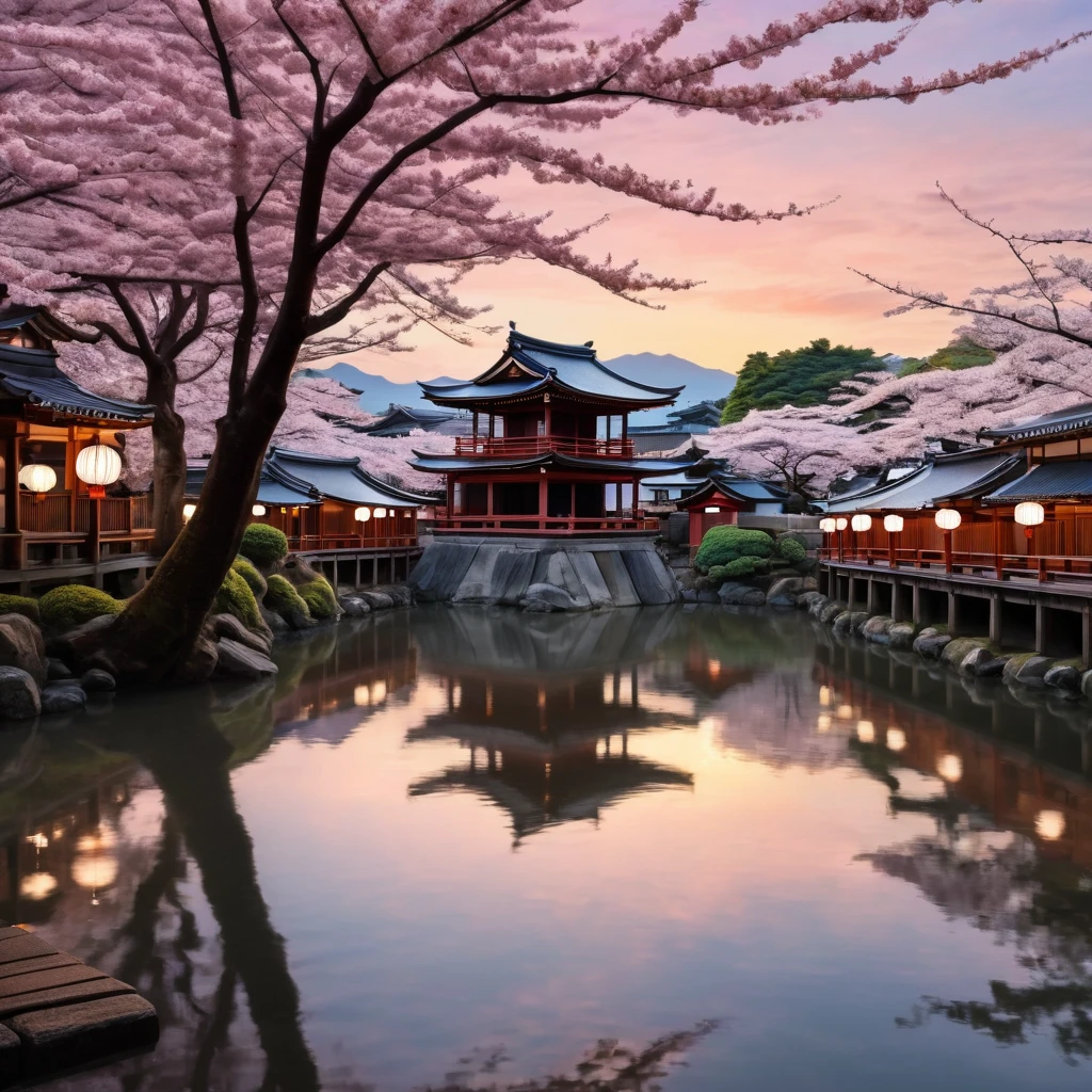 Create a mesmerizing scene in the 19th Century Japan style. Imagine a bustling marketplace during a vibrant festival in Edo-period Japan. The streets are lined with traditional wooden stalls selling an array of goods, from colorful kimonos and intricate fans to exotic spices and handmade pottery. Lanterns of various shapes and sizes hang overhead, casting a warm, inviting glow. In the background, majestic cherry blossom trees are in full bloom, their petals gently drifting in the breeze. The sky transitions from a brilliant sunset to the deep hues of twilight. People dressed in traditional attire mingle and celebrate, while performers entertain with dance and music. A tranquil river winds through the scene, reflecting the lanterns and the distant silhouette of a grand Shinto shrine. The colors should be rich and vibrant, capturing the essence of traditional Japanese art with a touch of romanticism and nostalgia. The entire scene should evoke a sense of timeless beauty and cultural richness, inviting viewers into the enchanting world of 19th century Japan.