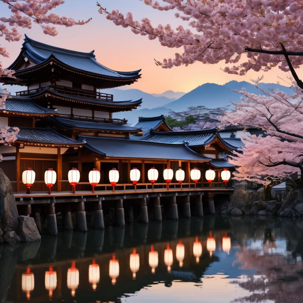 Create a mesmerizing scene in the 19th Century Japan style. Imagine a bustling marketplace during a vibrant festival in Edo-period Japan. The streets are lined with traditional wooden stalls selling an array of goods, from colorful kimonos and intricate fans to exotic spices and handmade pottery. Lanterns of various shapes and sizes hang overhead, casting a warm, inviting glow. In the background, majestic cherry blossom trees are in full bloom, their petals gently drifting in the breeze. The sky transitions from a brilliant sunset to the deep hues of twilight. People dressed in traditional attire mingle and celebrate, while performers entertain with dance and music. A tranquil river winds through the scene, reflecting the lanterns and the distant silhouette of a grand Shinto shrine. The colors should be rich and vibrant, capturing the essence of traditional Japanese art with a touch of romanticism and nostalgia. The entire scene should evoke a sense of timeless beauty and cultural richness, inviting viewers into the enchanting world of 19th century Japan.
