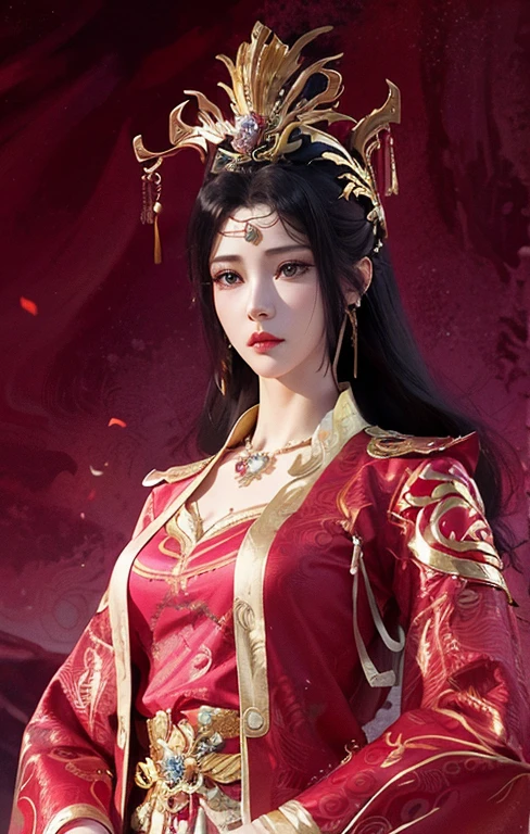 Close-up of a woman in a red dress and gold jewelry，Royal Sister，Superb beauty，a queen，Beautiful and elegant queen, portrait of a queen,  Xianxia, a beautiful fantasy empress, xianxia fantasy, Beautiful young wind spirit, inspired by Li Mei-shu, ((a beautiful fantasy empress)), xianxia hero, 3 d anime realistic, full-body xianxia, Smooth anime CG art