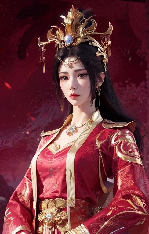 Close-up of a woman in a red dress and gold jewelry，Royal Sister，Superb beauty，a queen，Beautiful and elegant queen, portrait of a queen,  Xianxia, a beautiful fantasy empress, xianxia fantasy, Beautiful young wind spirit, inspired by Li Mei-shu, ((a beautiful fantasy empress)), xianxia hero, 3 d anime realistic, full-body xianxia, Smooth anime CG art