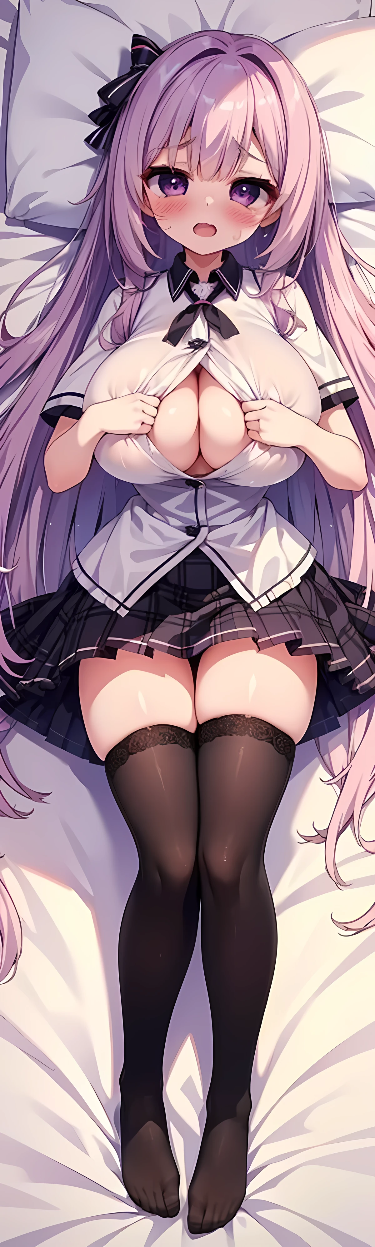 (Highest quality,4K,8k,High resolution,masterpiece:1.2),Highest quality,masterpiece,Detailed face,Masterpiece,Best Quality,(Super Detail),perfect writing, Highly detailed CG,Super detailed,(Highly detailed eyes,Very cute face,Highly detailed face:1.3),Beautiful Anime Girl,(Solo Girl),(Super huge boobs:1.4),(super huge breasts:1.4),(Sensual,Glamorous:1.4),(pink,very Long Hair,wave),(Big light purple eyes),Collared shirt,short sleeve shirt,Pleated skirt,lying on the bed,on back,school tight,pink pillow , pleated skirt, zettai ryouiki,high resolution,heart shaped pupils, plaid skirt, black stocking,claw pose,lie on bed,liying , full body , toe,full body seen,full-face blush,sexual climax,Young features,(:1.4),Elementary school girls,Close one eye, With tears in her eyes and her mouth open,open mouth,