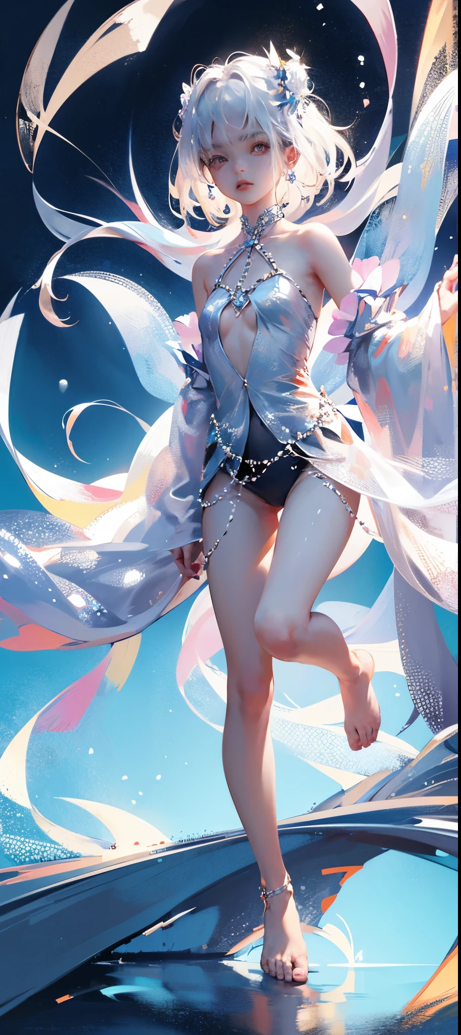 A girl、symmetry,Daughter,whole body 女恋,Put your hands together and bloom,(Very detailed:1.1),((small :1.2))、The eyes are well drawn、Charming eyes、Double tail、Wear jewelry and pearls around your neck,Transparent openwork、Deep V、Crystal Pearls、在Wear jewelry and pearls around your neck,white hair, show your thighs, Bare shoulders, Show clavicle, Yao Liu, barefoot,((whole body))、painful posture