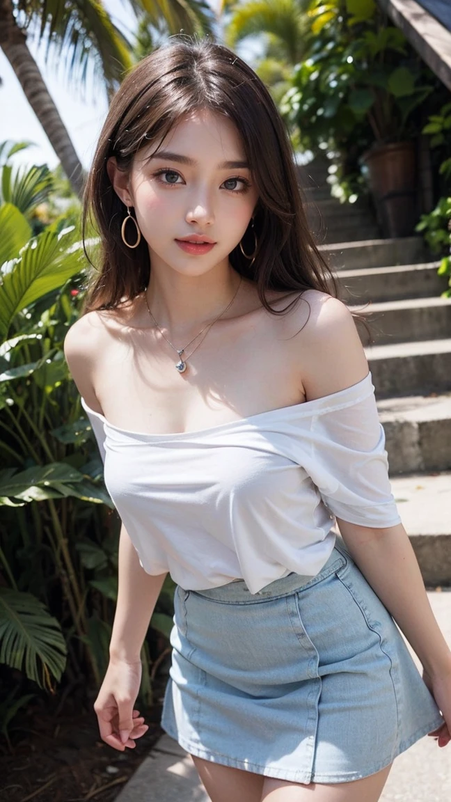 ((Midnight, highest quality, 8k, masterpiece :1.3)), whole body, Long legs, Sharp focus :1.2, Beautiful woman with perfect figure :1.4, Slim Abs :1.1, ((Dark brown hair, Big Breasts :1.2)), (White tight T-shirt, Bib Jeans, Are standing:1.2), ((Night city view, rooftop:1.3)), Highly detailed face and skin texture, Fine grain, double eyelid, sunset, Darken, Backlight, Off the shoulder