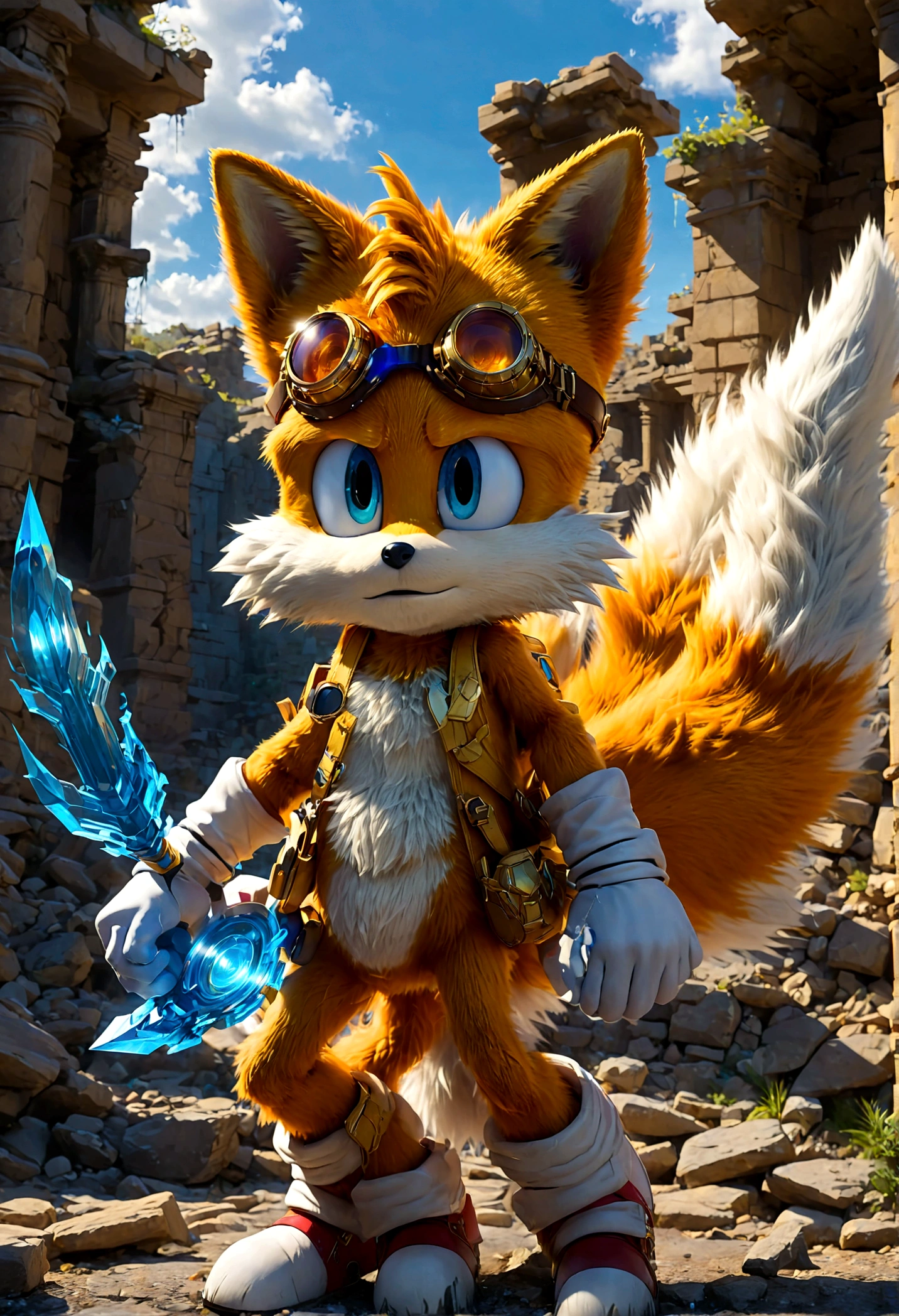 1boy, tails_boom, Visiting forgotten ancient ruins, Tails solves intricate puzzles, leaping across swaying stone slabs, dodging suddenly fired arrows. With wisdom and courage, he gradually uncovers truths hidden beneath layers of history, solo, blue eyes, gloves, animal ears, male focus, white gloves, fox ears, goggles, multiple tails, furry, goggles on, furry male, animal nose, fox boy, streets, town, road, Running towards the viewer, (Motion Blur:1.2), action-lines, speed-lines, anime screenshot, source_anime, dramatic composition, cinematic dynamic action scene, vibrant colors, cinematic lighting, dramatic lighting, best quality, masterpiece, very aesthetic, perfect composition, intricate details, ultra-detailed