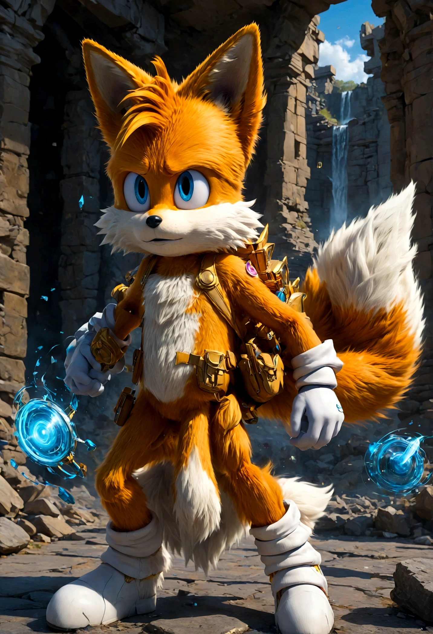 1boy, tails_boom, Visiting forgotten ancient ruins, Tails solves intricate puzzles, leaping across swaying stone slabs, dodging suddenly fired arrows. With wisdom and courage, he gradually uncovers truths hidden beneath layers of history, solo, blue eyes, gloves, animal ears, male focus, white gloves, fox ears, goggles, multiple tails, furry, goggles on, furry male, animal nose, fox boy, streets, town, road, Running towards the viewer, (Motion Blur:1.2), action-lines, speed-lines, anime screenshot, source_anime, dramatic composition, cinematic dynamic action scene, vibrant colors, cinematic lighting, dramatic lighting, best quality, masterpiece, very aesthetic, perfect composition, intricate details, ultra-detailed