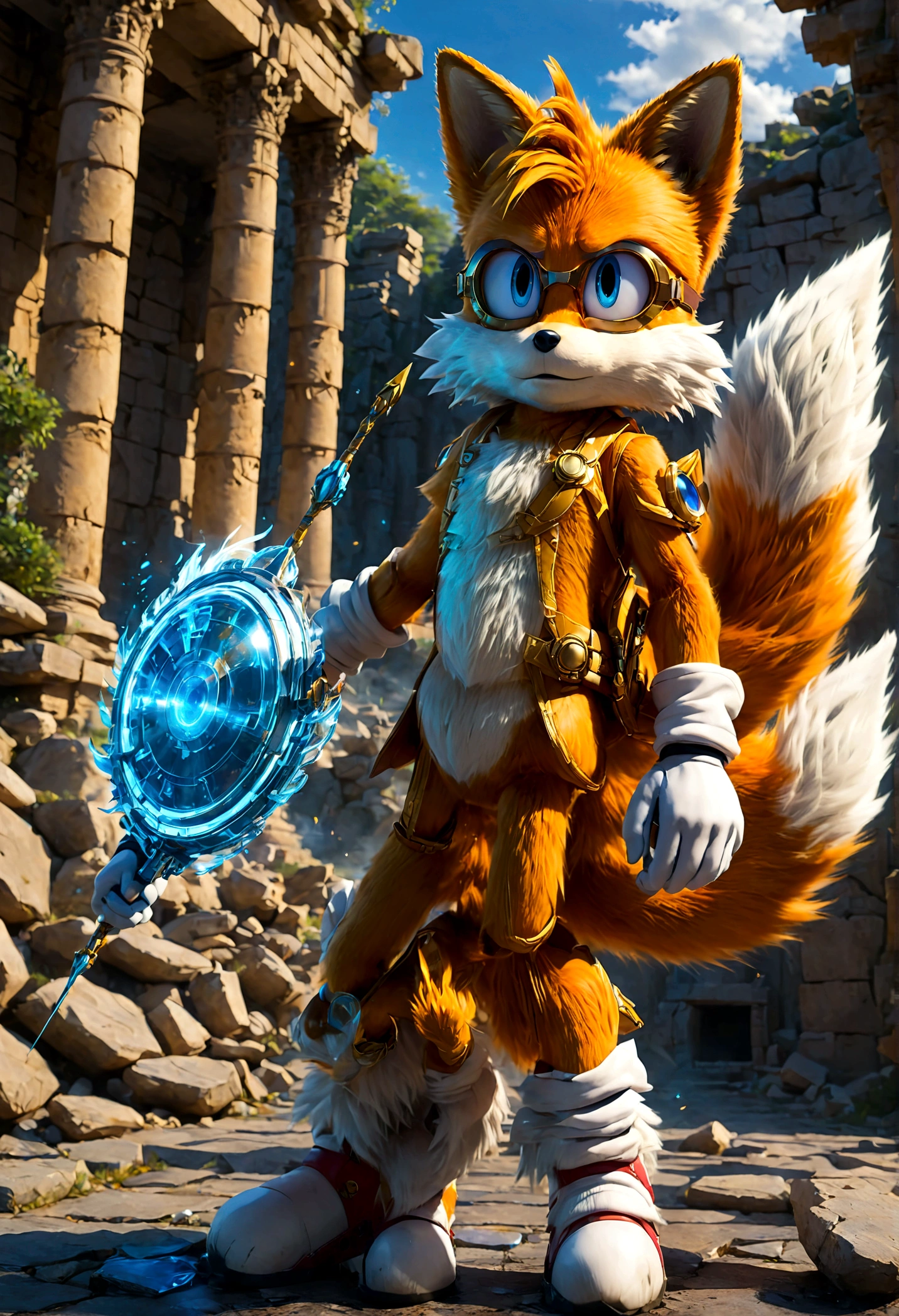 1boy, tails_boom, Visiting forgotten ancient ruins, Tails solves intricate puzzles, leaping across swaying stone slabs, dodging suddenly fired arrows. With wisdom and courage, he gradually uncovers truths hidden beneath layers of history, solo, blue eyes, gloves, animal ears, male focus, white gloves, fox ears, goggles, multiple tails, furry, goggles on, furry male, animal nose, fox boy, streets, town, road, Running towards the viewer, (Motion Blur:1.2), action-lines, speed-lines, anime screenshot, source_anime, dramatic composition, cinematic dynamic action scene, vibrant colors, cinematic lighting, dramatic lighting, best quality, masterpiece, very aesthetic, perfect composition, intricate details, ultra-detailed