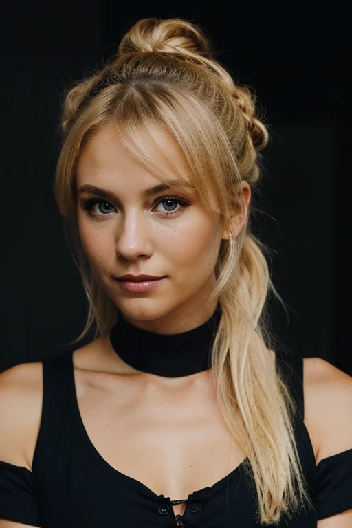 an eye contact of a blond with bun hair and dark theme