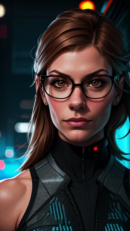 (cyberpunk military scientist:1) (1woman) dark theme :: focus on closeup face, curious face, Katee Sackhoff face, ultra realistic futuristic cyberpunk tall athletic woman, :: medium brown hair, futuristic glasses nerd :: inside cyberpunk office :: brown eyes :: natural lighting :: bokeh :: 8k :: best quality :: masterpiece :: insanely detailed:1.5