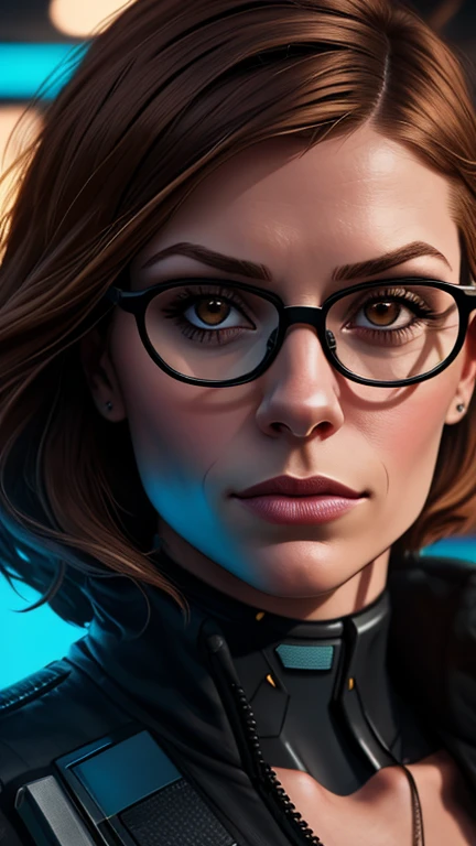 (cyberpunk military scientist:1) (1woman) dark theme :: focus on closeup face, curious face, Katee Sackhoff face, ultra realistic futuristic cyberpunk tall athletic woman, :: medium brown hair, futuristic glasses nerd :: inside cyberpunk office :: brown eyes :: natural lighting :: bokeh :: 8k :: best quality :: masterpiece :: insanely detailed:1.5