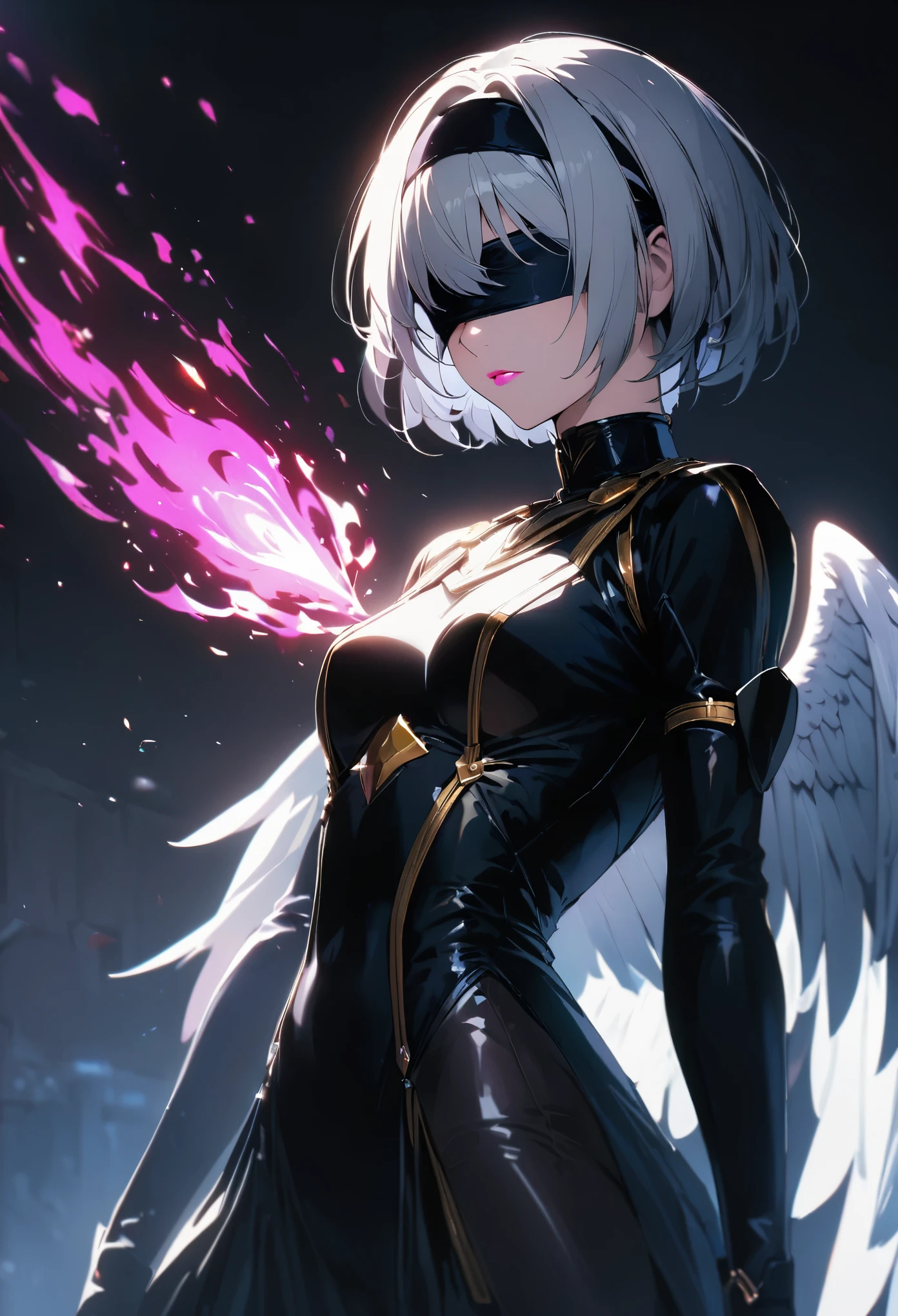 (One girl, alone, alone), (yorha no.2 Type B, 2B, One girl, alone, short hair, Gray Hair, hair band, Blindfold, eyes covered, black Blindfold), ((alone, (1 Female,Pink lipstick), Very detailed , Soft indirect lighting, 4K, Perfect Eyes, Perfect Face, Perfect lighting, The first girl)), ((Fitness, , Shapely body, An athletic body, Toned body)) , ((armor, Black Skirt, Black Swimsuit, Bodysuits, Gold Detail, gem, diamond, Emerald, sapphire, Ruby, amethyst, High heels, More Silver, Angel, Angelic, wing, Angel wing, Magi, fire, Casting a Spell, Shapely abdomen, Muscular abdomen))