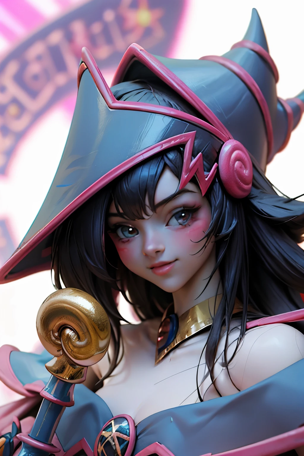 Hermoso rostro de dark magician gils, ojos azules. Labios rosados. Cabello rubio y largo. Ombros descubiertos, sonrisa angelical, hermoso rostro bien detallados de dark magician gils.