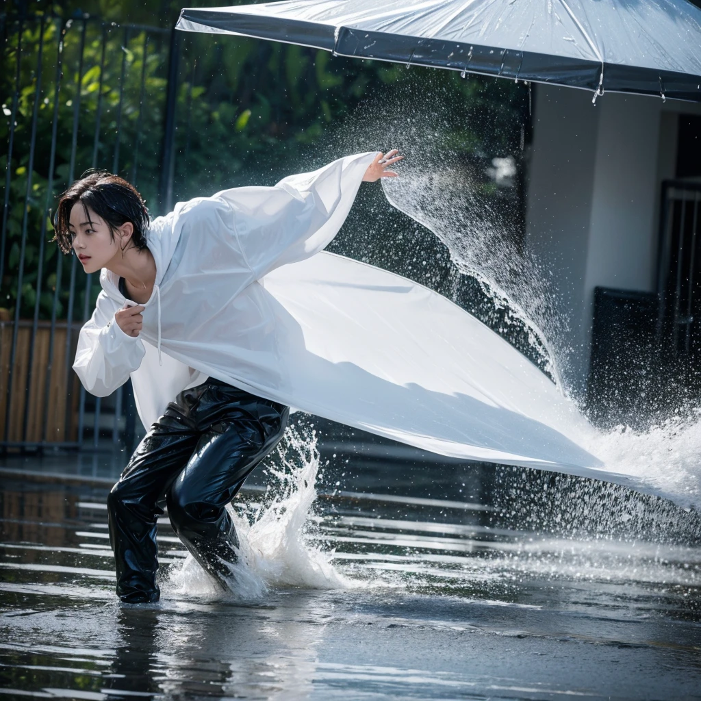 photo taken from lowes under, photo full body, Best picture quality, ultra high resolution, (fidelity :1.4), photo, korean couple, there is man is running in front and pull the hand the woman behind him,(happyness), white shirt black hoodie, Dim, gust wind, dark, (afternoon), (Wet clothes:1.4), looking the camera, perfect faces, bare shoulders, Real rain, wet hair, cinematic, god rays, ray tracing, reflection light, Expressionism, Realism, masterpiece, highres, 16k, textured skin, anatomically correct