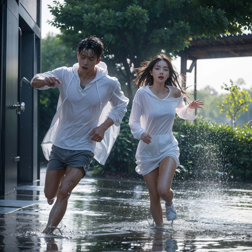photo taken from lowes under, photo full body, Best picture quality, ultra high resolution, (fidelity :1.4), photo, korean couple, there is man is running in front and pull the hand the woman behind him,(happyness), white shirt black hoodie, Dim, gust wind, dark, (afternoon), (Wet clothes:1.4), looking the camera, perfect faces, bare shoulders, Real rain, wet hair, cinematic, god rays, ray tracing, reflection light, Expressionism, Realism, masterpiece, highres, 16k, textured skin, anatomically correct