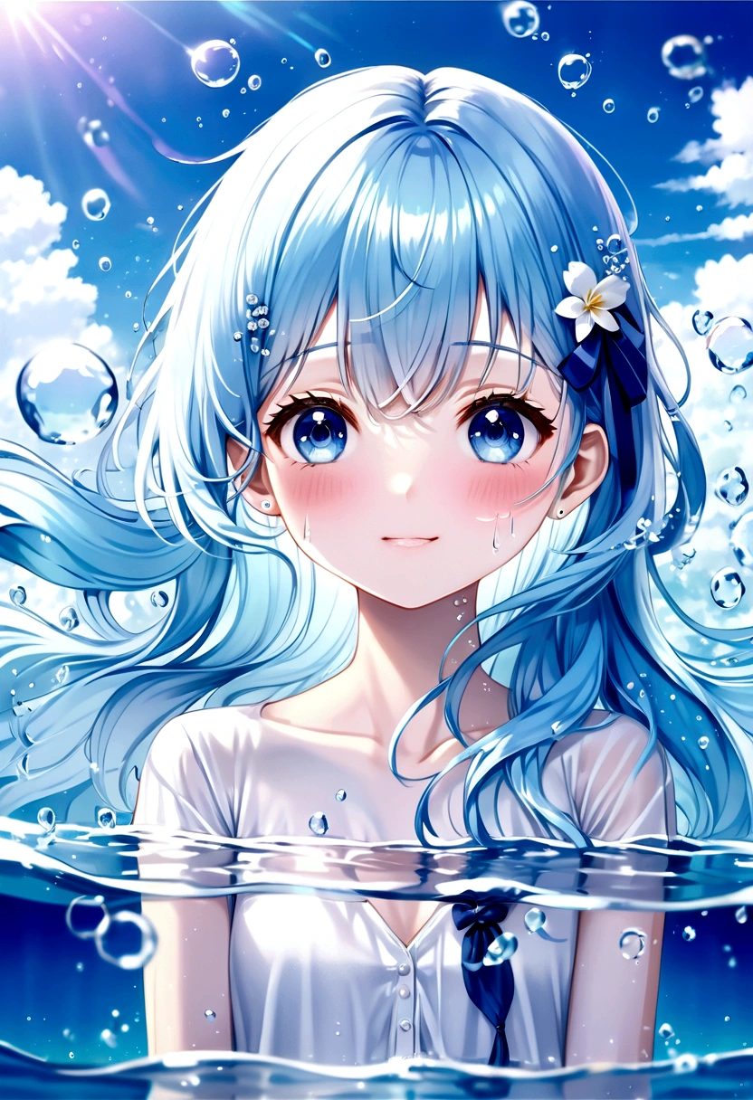 (Highest quality)), ((masterpiece)), ((Ultra-detailed)), (Very delicate and beautiful), bright sky blue hair, watery hair, Bright sapphire eyes, Fair skin, Beautiful woman, Sheer white shirt, Sheer navy blue silk shorts, Navy Blue Ribbon Tie, Pearl decoration, In the water world, Cold Background, Air bubbles, Water bubbles, In the water, Cute smile, Relaxed facial expression, Long hair with delicate waves, Blue and white flowers in hair