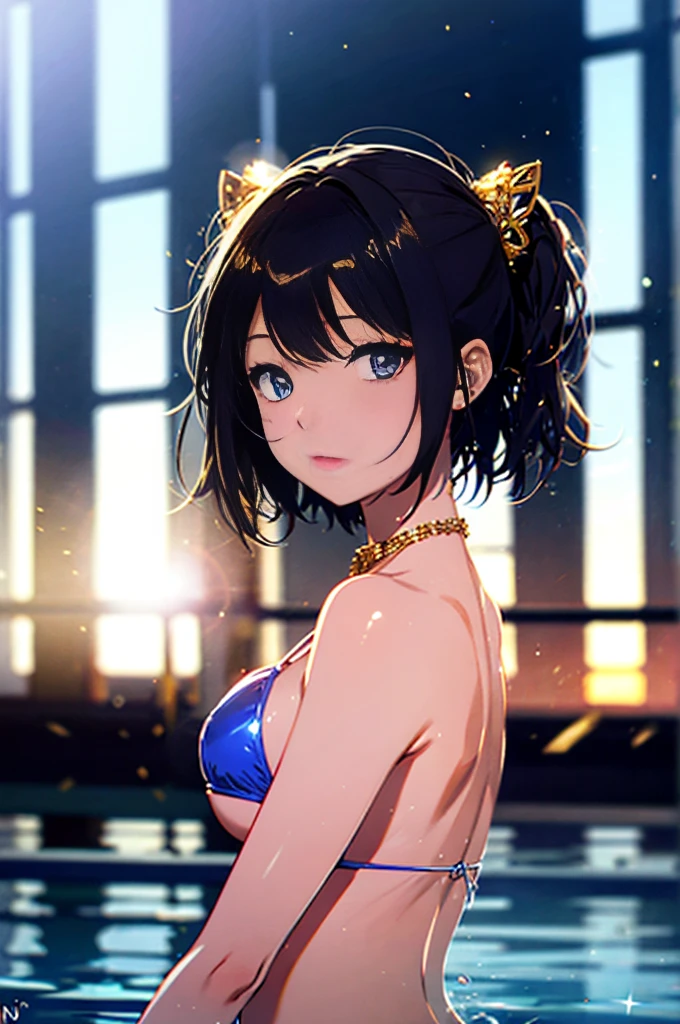 （8K、Raw photography、top-quality、​masterpiece：1.2）、（realisitic、Photorealsitic：1.37）、sankta。louis\(luxurious wheels\)\(azur lane\),1girl in,(K-pop idols),(Griariss of Love:1),hair adornments,portlate,(Reflective and shining micro bikini:1.1),a necklace,Pink glowing lipstick、Blue glowing nails,cute little,Cityscape、natta、turning off lights、wet​、Black light illumination、Photon mapping、physically-based renderingt、Night Pool、Water light reflects off the body、Ride the float、Gold accessories all over the body、Gold ornaments、Lots of piercings、gals、make - up、