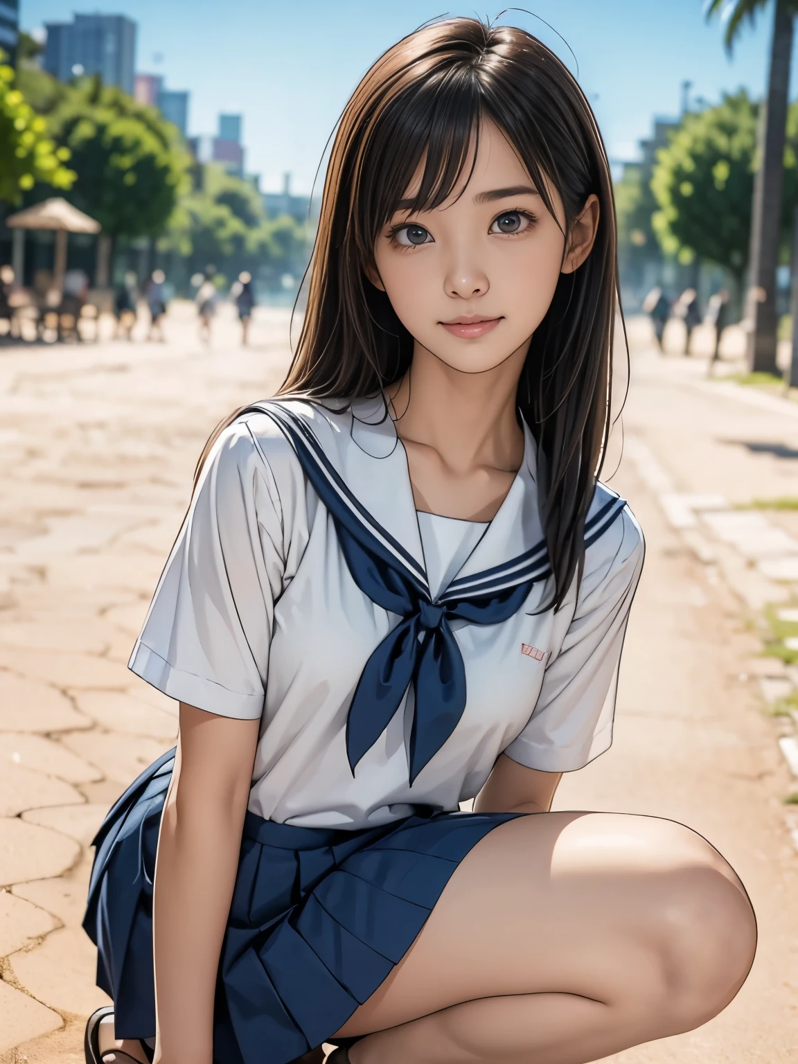 (masterpiece, Highest quality:1.2), Browsing Caution, ((4 Japanese women:1.4)) ,15 years old、 Idol Style, ((White shirt, Sailor  , Navy pleated mini skirt:1.2)),(Put your school backpack aside:1.0), ((Lying on the beach、squat)), Black Hair, Slender and beautiful figure、Small and beautiful breasts, Beautiful legs, (Beautiful blue sky and summer sea), smile, 8k,(Variety of faces and hairstyles:1.3)、Ultra-Realistic Images,　