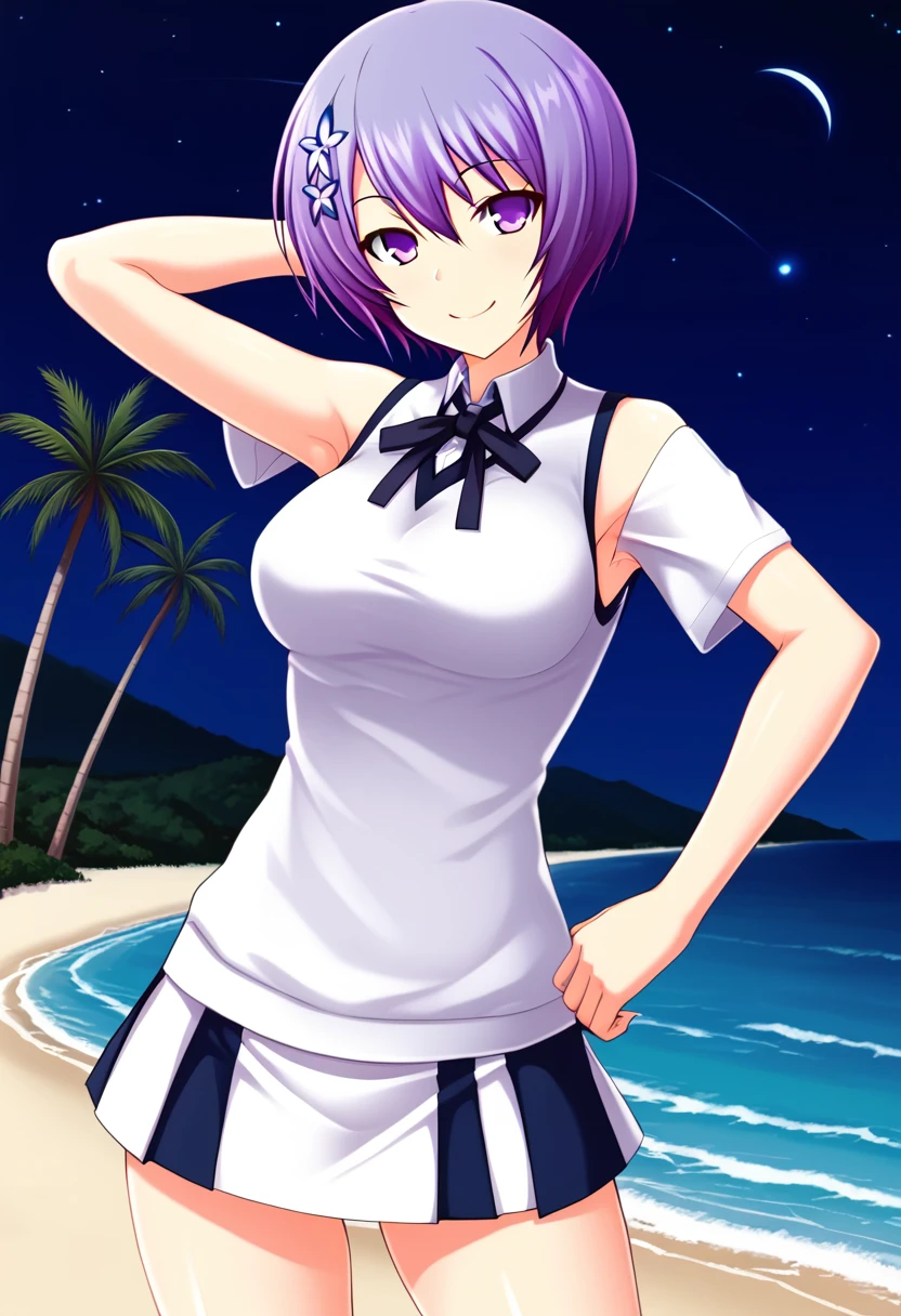 Shiina Miyako, purple hair, short hair, purple eyes, hair ornament, , short sleeves, white sweater vest, white shirt, white skirt, neck ribbon, black ribbon, high quality, solo, night sky, beach, arm behind head, hand on hip, contrapposto, closed mouth, spread armpits, (cowboy shot:1.5), looking at viewer, smile, best quality,