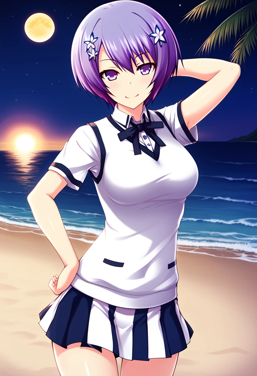 Shiina Miyako, purple hair, short hair, purple eyes, hair ornament, , short sleeves, white sweater vest, white shirt, white skirt, neck ribbon, black ribbon, high quality, solo, night sky, beach, arm behind head, hand on hip, contrapposto, closed mouth, spread armpits, (cowboy shot:1.5), looking at viewer, smile, best quality,