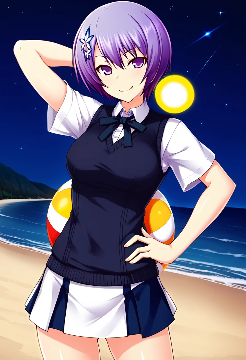 Shiina Miyako, purple hair, short hair, purple eyes, hair ornament, , short sleeves, white sweater vest, white shirt, white skirt, neck ribbon, black ribbon, high quality, solo, night sky, beach, arm behind head, hand on hip, contrapposto, closed mouth, spread armpits, (cowboy shot:1.5), looking at viewer, smile, best quality,