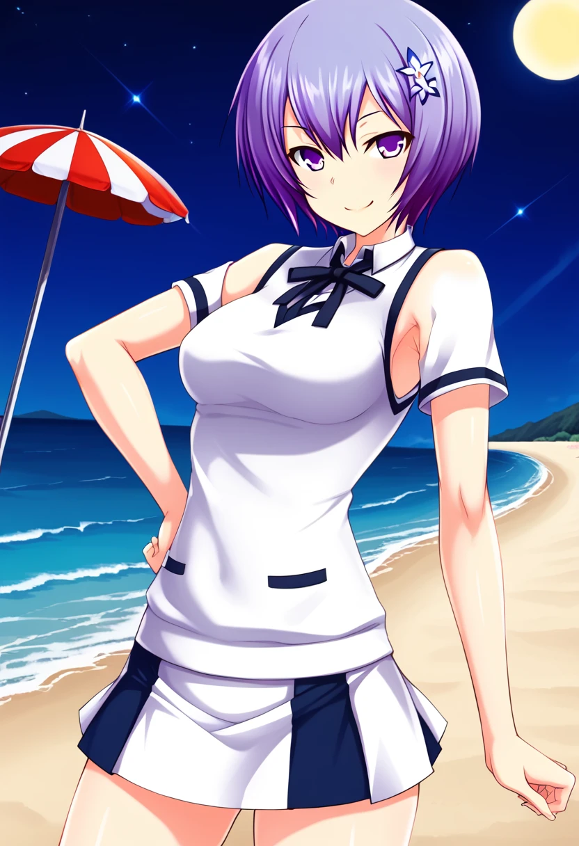 Shiina Miyako, purple hair, short hair, purple eyes, hair ornament, , short sleeves, white sweater vest, white shirt, white skirt, neck ribbon, black ribbon, high quality, solo, night sky, beach, arm behind head, hand on hip, contrapposto, closed mouth, spread armpits, (cowboy shot:1.5), looking at viewer, smile, best quality,