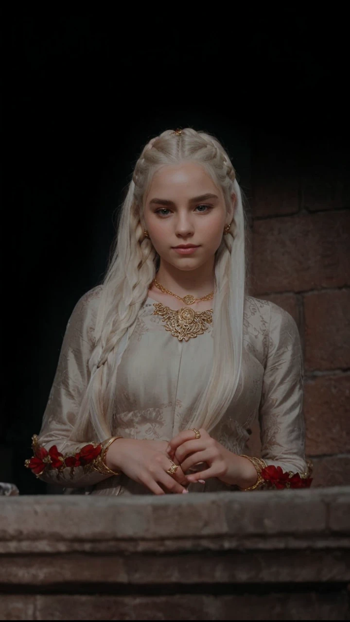 Girl with white wavy hair,side braids,beautiful necklace, Targaryen women hairstyle,beautiful gold tiara