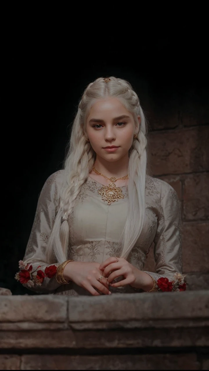 Girl with white wavy hair,side braids,beautiful necklace, Targaryen women hairstyle,beautiful gold tiara