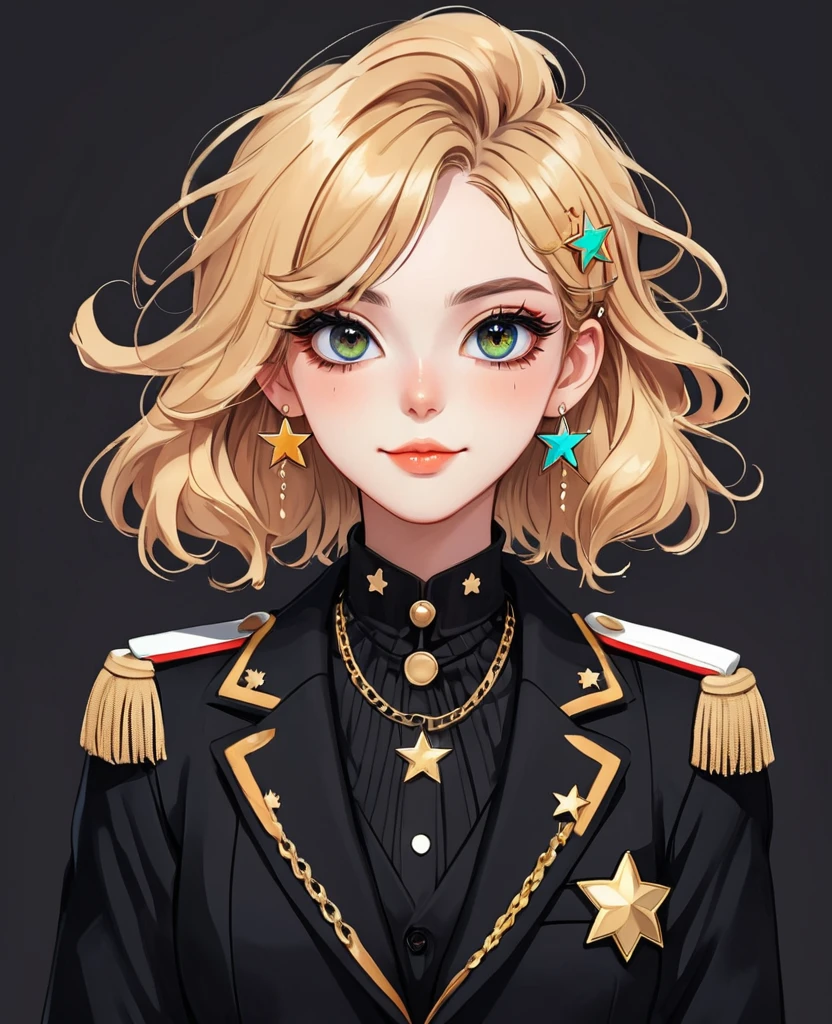 (Digital Illustration,Detailed anime style girl portrait,solitary,symmetry),(Colorful big eyes,Fashionable and exquisite facial features,Exquisite makeup,sweet smile,Star symbol on cheek,Soulful gaze,),(Fluffy bread,hairpin),(Black suit,Epaulette Chain,Cool,),Clean and simple white background,(((Correct human anatomy))),belt,hand