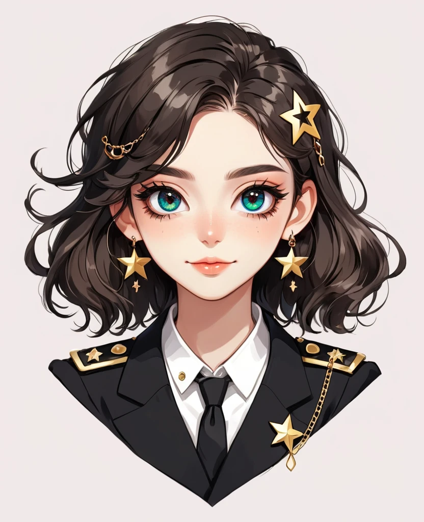 (Digital Illustration，Detailed anime style girl portrait，solitary，symmetry)，(Colorful big eyes，Fashionable and exquisite facial features，Exquisite makeup，sweet smile，Star symbol on cheek，Soulful gaze，)，(Fluffy bread，hairpin)，(Black suit，Epaulette Chain，Cool，)，Clean and simple white background，(((Correct human anatomy)))，belt，hand