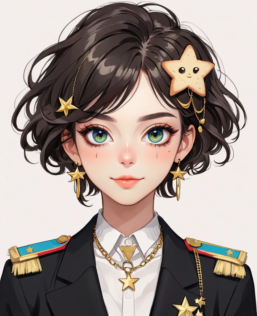 (Digital Illustration，Detailed anime style girl portrait，solitary，symmetry)，(Colorful big eyes，Fashionable and exquisite facial features，Exquisite makeup，sweet smile，Star symbol on cheek，Soulful gaze，)，(Fluffy bread，hairpin)，(Black suit，Epaulette Chain，Cool，)，Clean and simple white background，(((Correct human anatomy)))，belt，hand