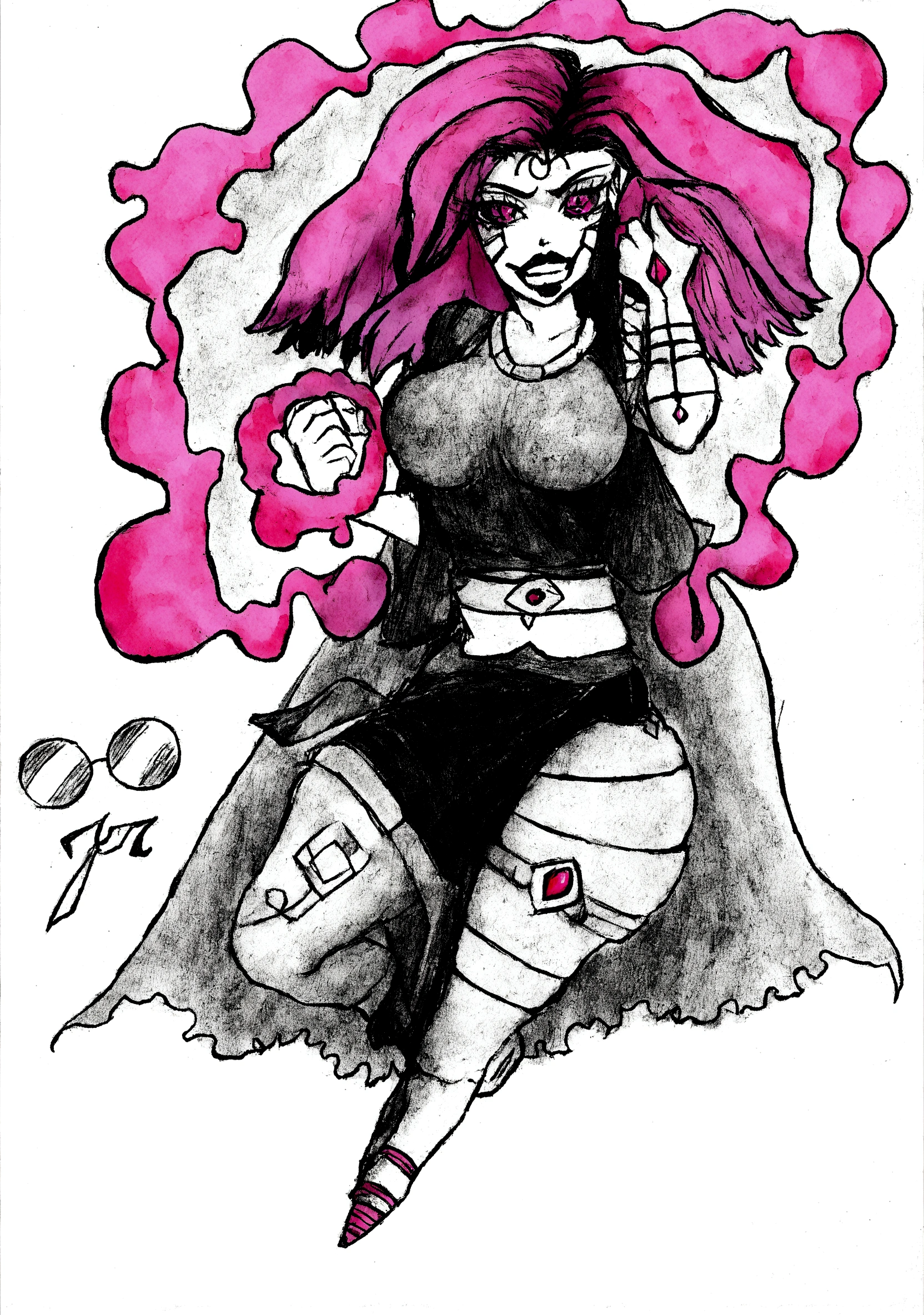 a drawing of a flying pink haired woman, inspired by Jin Homura, female occultist, pink humanoid female squid girl, high resolution, sacred cyborg necromancer girl, inspired by Kawabata Ryūshi, pink iconic character, Sakura Haruno in Slug Sage mode, character from anime; full body art