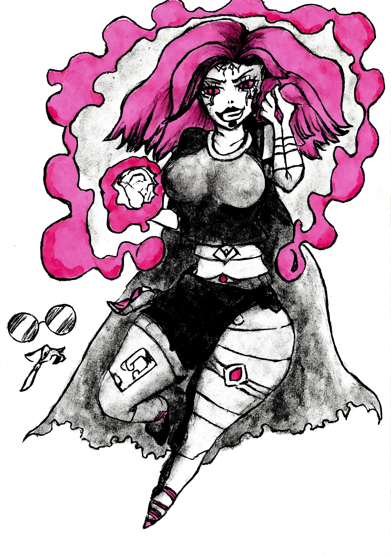 a drawing of a flying pink haired woman, inspired by Jin Homura, female occultist, pink humanoid female squid girl, high resolution, sacred cyborg necromancer girl, inspired by Kawabata Ryūshi, pink iconic character, Sakura Haruno in Slug Sage mode, character from anime; full body art