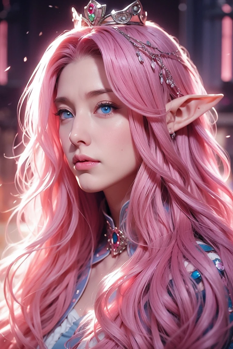 Woman, long wavy hair, pink hair, blue eyes, empress, crown, chin up, thoughtless, serious, serious expression, Authoritarian, elf,  Medieval setting, elf