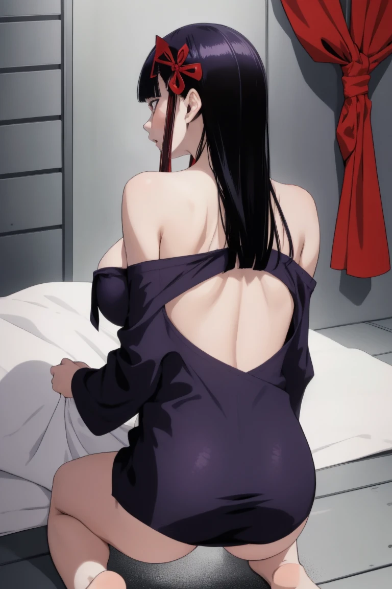((best quality)), ((masterpiece)), (detailed), (high resolution), perfect face, 1 Women, (violet slit eyes:1.3), (long black hair), Straight across bangs, (grown-up face:1.4), parted lips, A little big breasts, (naked towel:1.2), (holding towel:1.2), (towel on leg), lower body, (leaning forward:1.3), (molest), Stimulating, (Embarrassed face), (orgasm:1.2), (anime coloring:1.1), Stimulating, (Yamashiro Ren), Mato Seihei no Slave, looking at viewer, a red hair ribbon, 2d, illustration, from behind, open towel,
