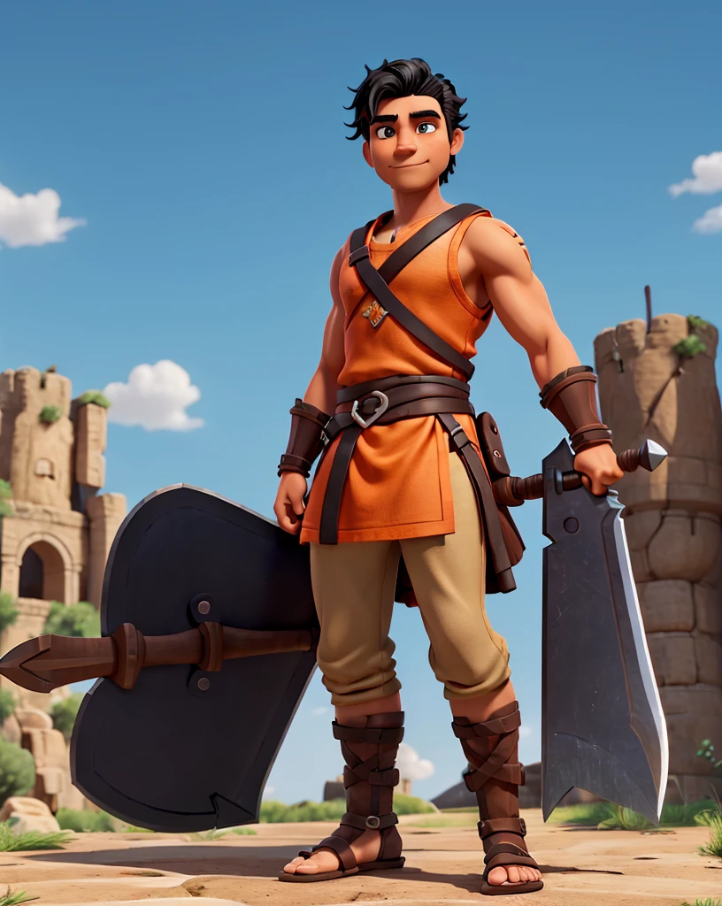 Man with black hair, brown eyes and fair skin, wearing orange barbarian tunic and black trousers, gauntlets and sandals, weilding axe, fullbody, medieval background, muscular