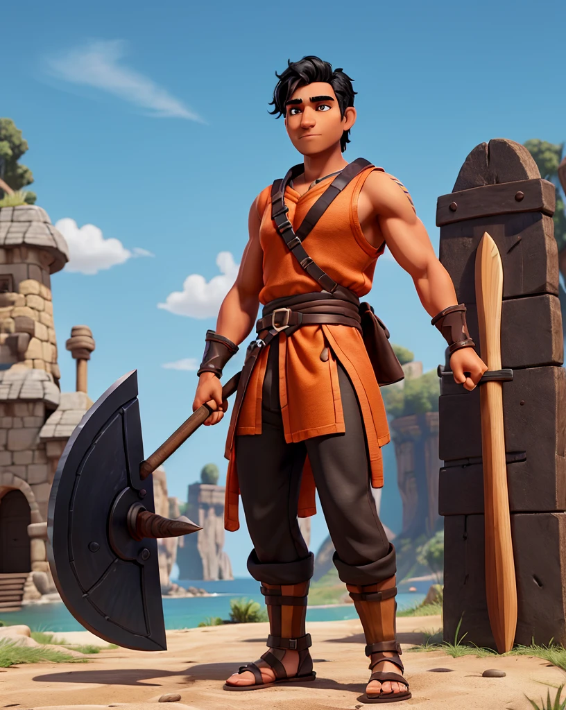 Man with black hair, brown eyes and fair skin, wearing orange barbarian tunic and black trousers, gauntlets and sandals, weilding axe, fullbody, medieval background, muscular