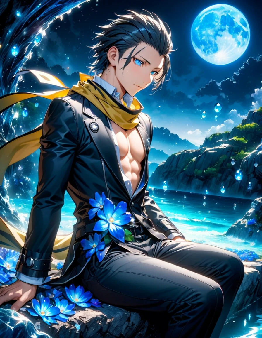 absurdres, highres, ultra detailed, HDR, masterpiece, Mochizuki Ryouji, black hair, ruffled slicked back, expressive blue eyes, Persona 3, solo, sexy man sitting, handsome, toned chest, yellow scarf, black jacket, white shirt, black pants, magical, fantasy, water, blue moon, starry, blue fireflies, blue flowers