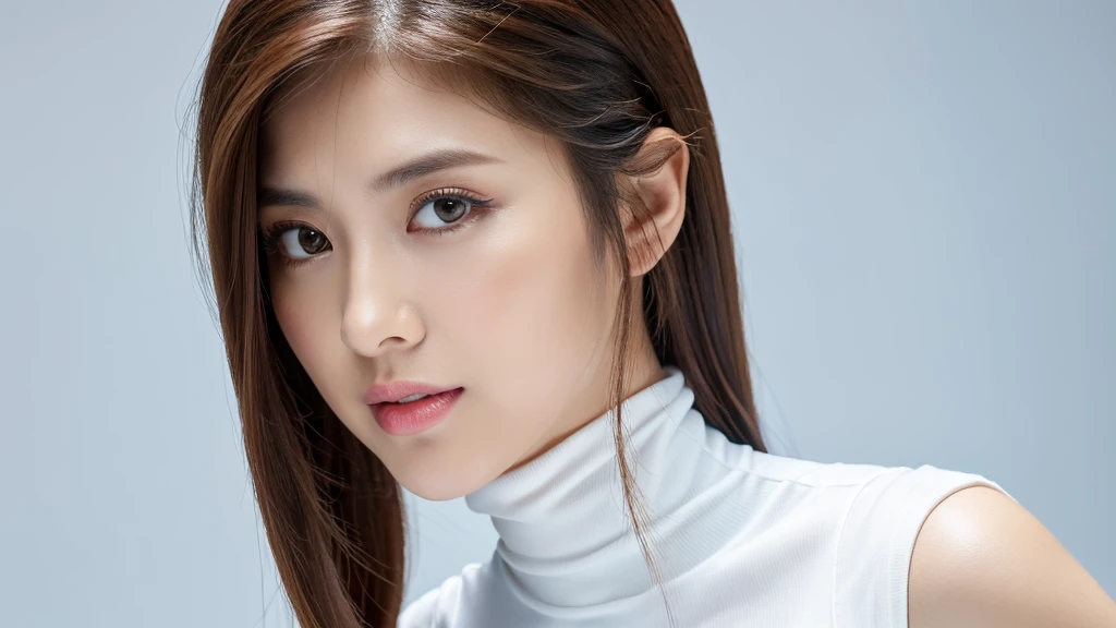 (detailed face),VIVID,breasts,pretty,sleeveless and turtle neck white silky clothes,4k ,super high resolution ,(photo-realistic: 1.7),white background,long hair,