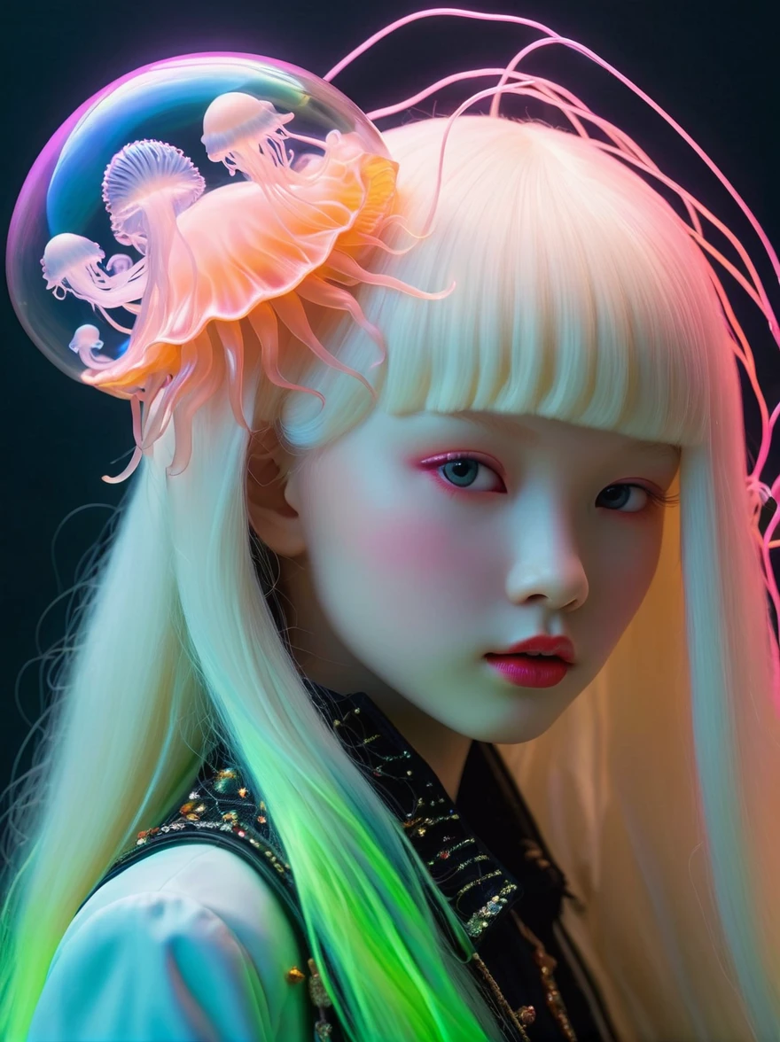 Neon, 发光的Neon玻璃制成的招牌，透明Neon材质，Gloss，Refraction Details，Albino girl，Longbearded jellyfish on the head，Long hair doll，(发光Neon线制成的长裙:1.5)，Renaissance，Baroque，Psychedelic，romantic，neon palette, pale color, 1nhdg1