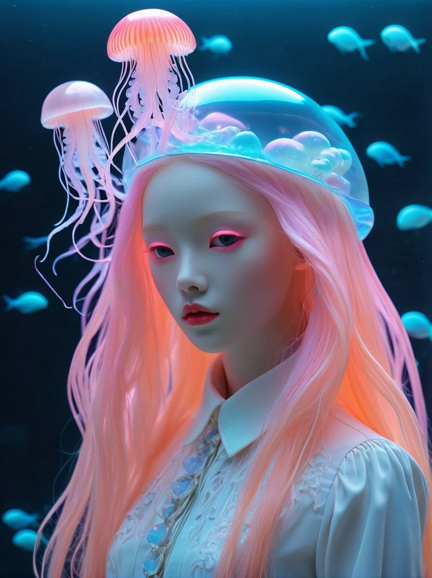 Neon, 发光的Neon玻璃制成的招牌，透明Neon材质，Gloss，Refraction Details，Albino girl，Longbearded jellyfish on the head，Long hair doll，(发光Neon线制成的长裙:1.5)，Renaissance，Baroque，Psychedelic，romantic，neon palette, pale color, 1nhdg1