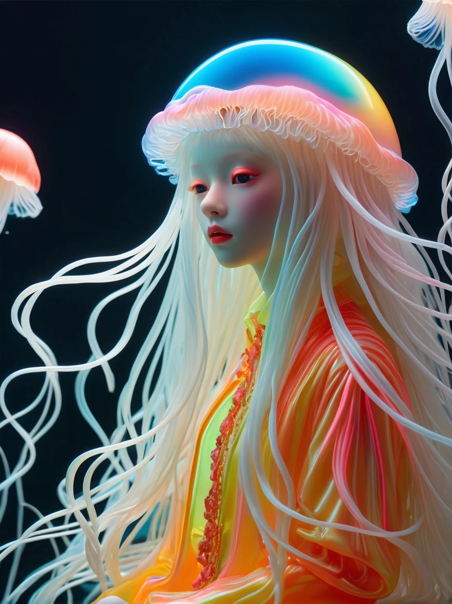 Neon, 发光的Neon玻璃制成的招牌，透明Neon材质，Gloss，Refraction Details，Albino girl，Longbearded jellyfish on the head，Long hair doll，(发光Neon线制成的长裙:1.5)，Renaissance，Baroque，Psychedelic，romantic，neon palette, pale color, 1nhdg1