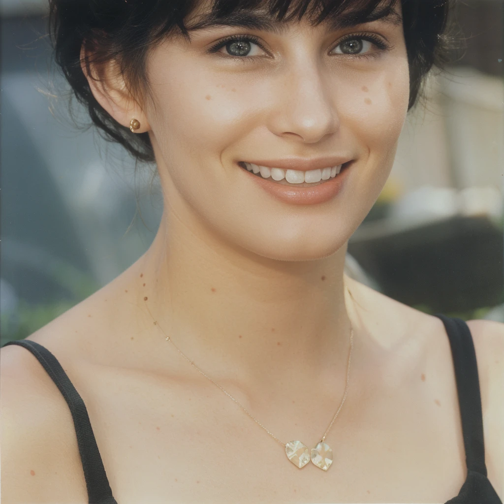 there is a woman that is smiling and posing for a picture, taken in the early 1990s, taken in the mid 2000s, taken in the late 1980s, taken in the late 2000s, 90's color photo, with black hair, in her early 3 0, in her early 20s