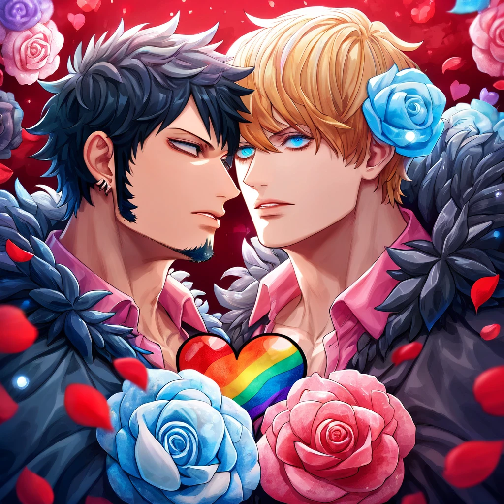 Ultra detailed, highres, absurdres, HDR, master piece, Donquixote Rosinante Corazon, blond hair, expressive blue eyes, Trafalgar Law, black hair, expressive blue eyes, black coat, pink shirt with red hearts patters, black fur cape, One Piece, fantasy, red petals, red roses, handsome, two sexy man together, gay couple, yaoi, love, magical, best quality, extremely detailed face and eyes, red sky