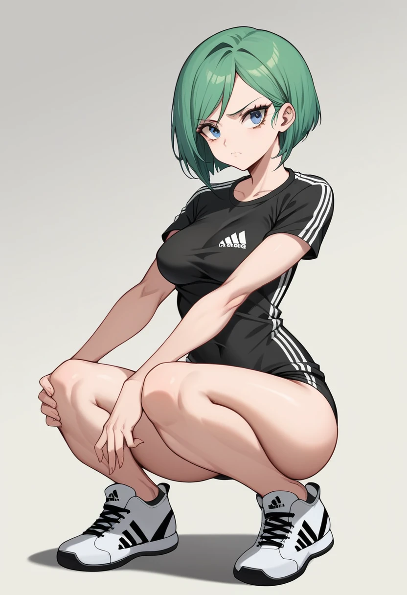 lum, 1girl, solo, breasts, blue eyes, medium breasts, green hair, makeup, white gradient background (girl Whole body :1.3), squatting legs, (beautiful detailed light blue eyes), the anatomy is correct, anatomically correct fingers, (Adidas Clothing), frown, fume, jitome, best quality, (masterpiece), (high quality), 16k, super detail, jhyd style, (ultra-detailed), (high resolution),