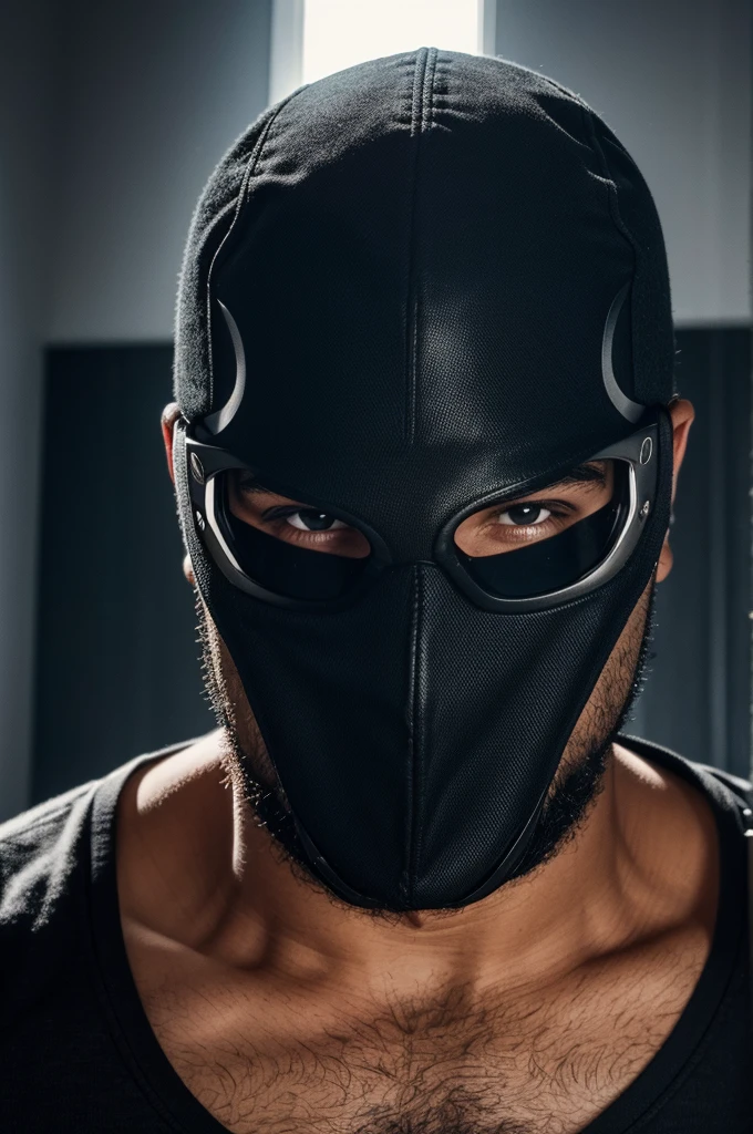 A muscular gay guy wearing a robber mask, wearing nothing completely naked, doing a reverse doggy pose showing her round ass, he is on all fours on the floor showing his hot ass and his cock leaking cum and his ass with a lot of cum, he is looking back for the image